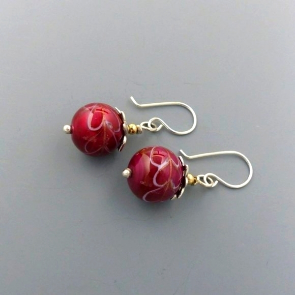 𝅺FESTIVE Red Ceramic Bead with Sterling Silver Earring Dangles - Picture 3 of 4